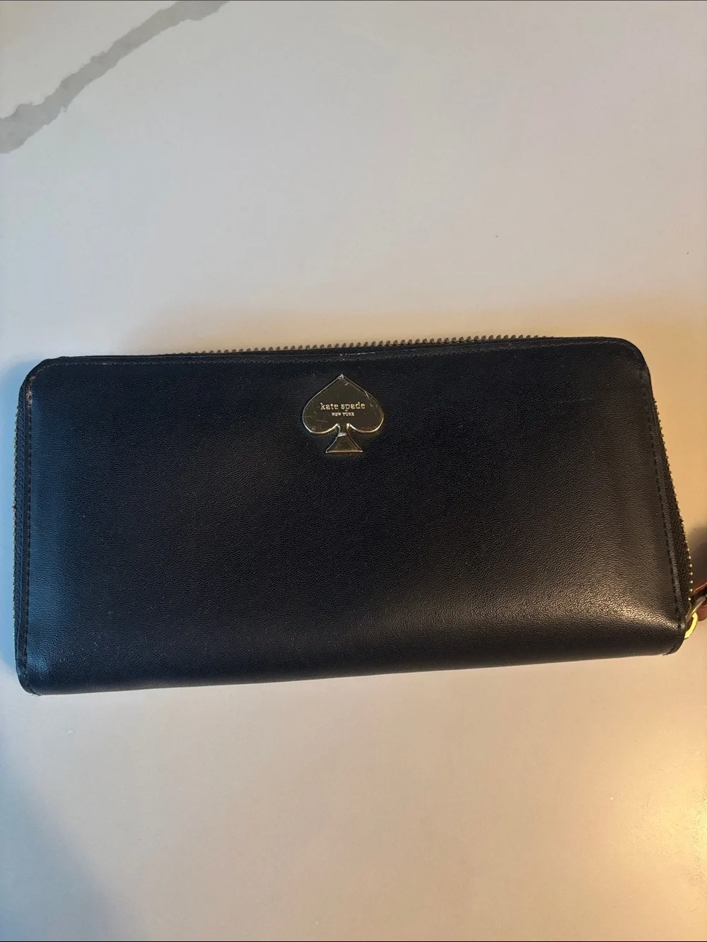 kate spade Black Leather Zip Around Wallet with Gold Spade Heart Logo